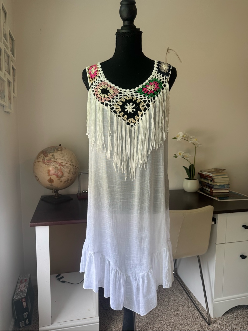 Boho Crochet Granny Square Fringe Dress Sleeveless Festival Beach Cover Up NWT - Picture 6 of 10